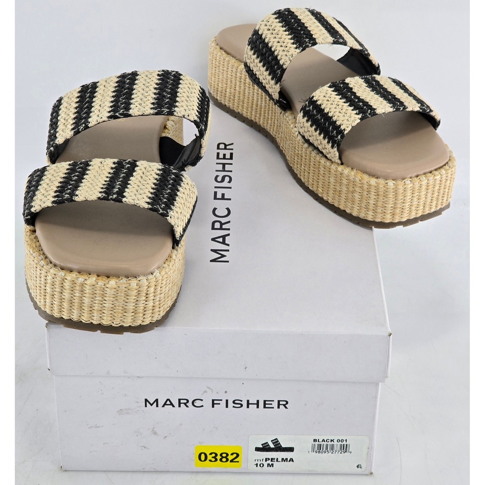 Marc Fisher Pelma Platform Sandals Womens 10 Black Raffia Striped - NEW